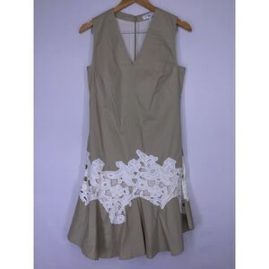 Derek Lam Collective Khaki White Lace Insert Sleeveless V Neck Midi Dress Sz 40